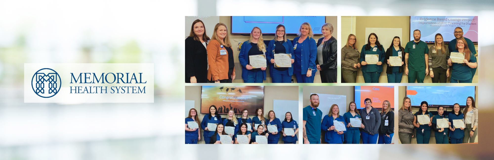 Graphic that reads: Memorial Health System and has five photos of groups of nurses holding certificates