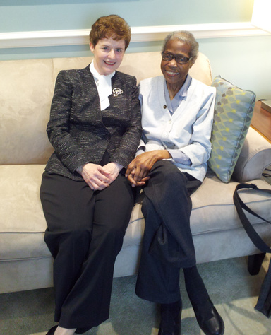 Dean Frantz and Dean Emerita Felton sit together on a couch